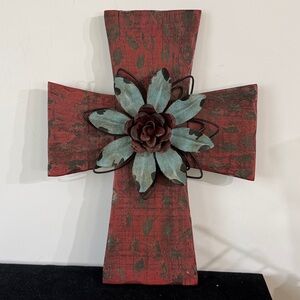 Rustic Red Wooden Cross with Recycled Metal Flower Farmhouse Style